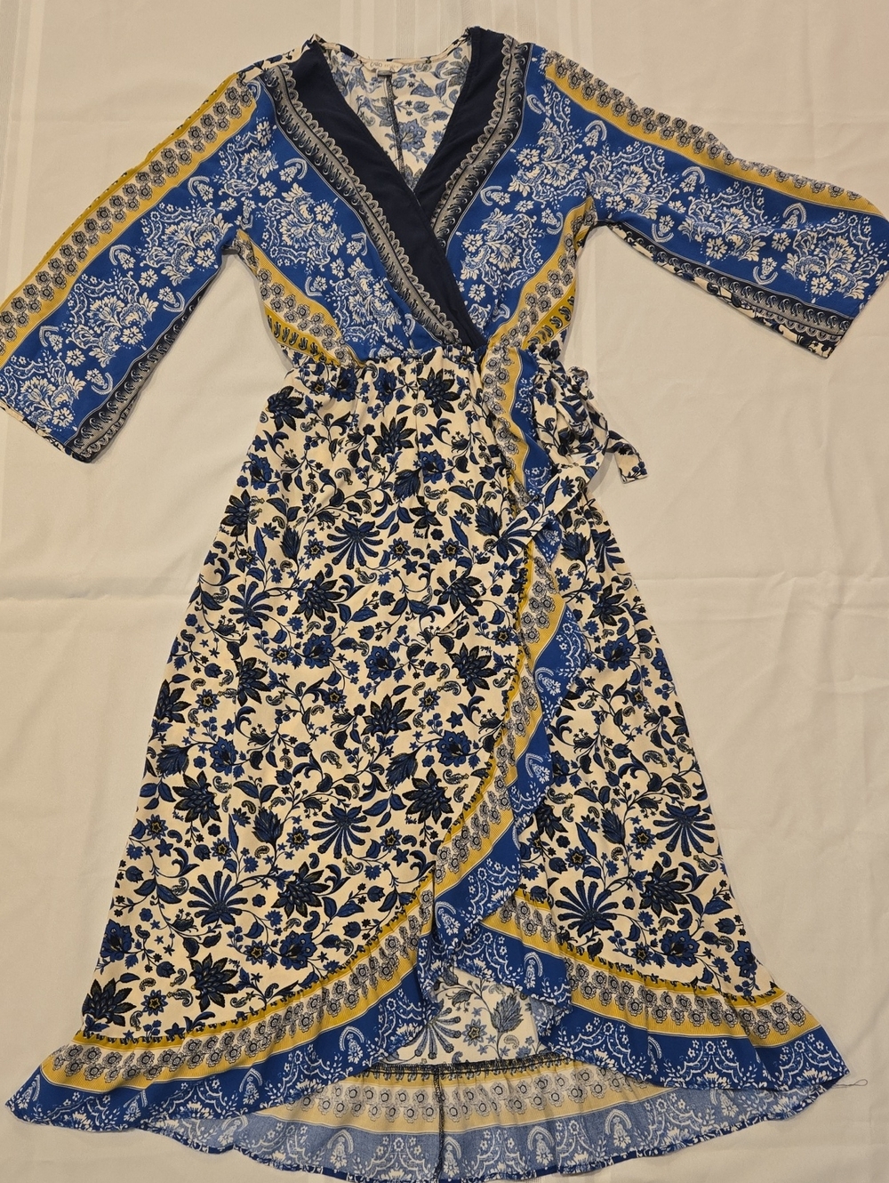 Cato EST. 1946 Blue White and Yellow Mixed Print Wrap Dress